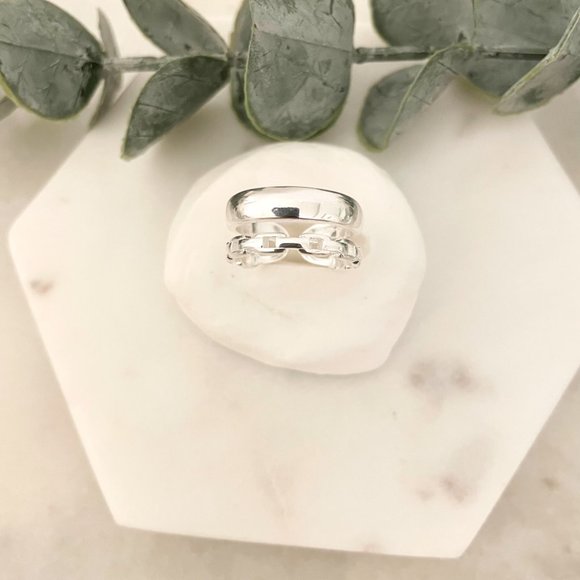 925 Sterling Silver Chain Link Ring Double Layer Stacking Ring Minimalist Ring - Picture 2 of 7